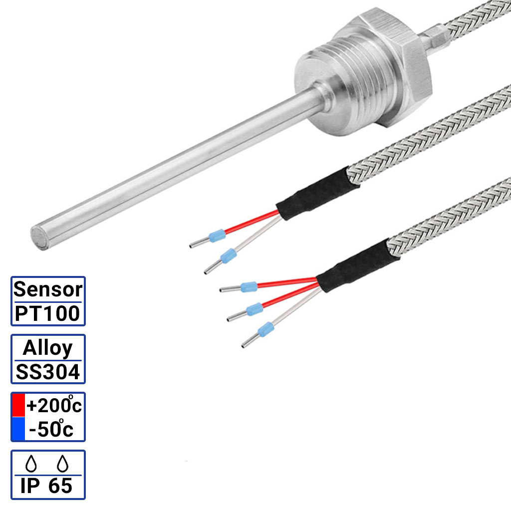 سنسور pt100 سیمی غلاف دار قطر 6 میل با رزوه و کابل شیلد دار (رنج دما 50- تا 200 )